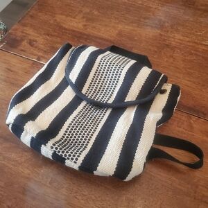 Black and White Striped Tote Bag with Textured Design
